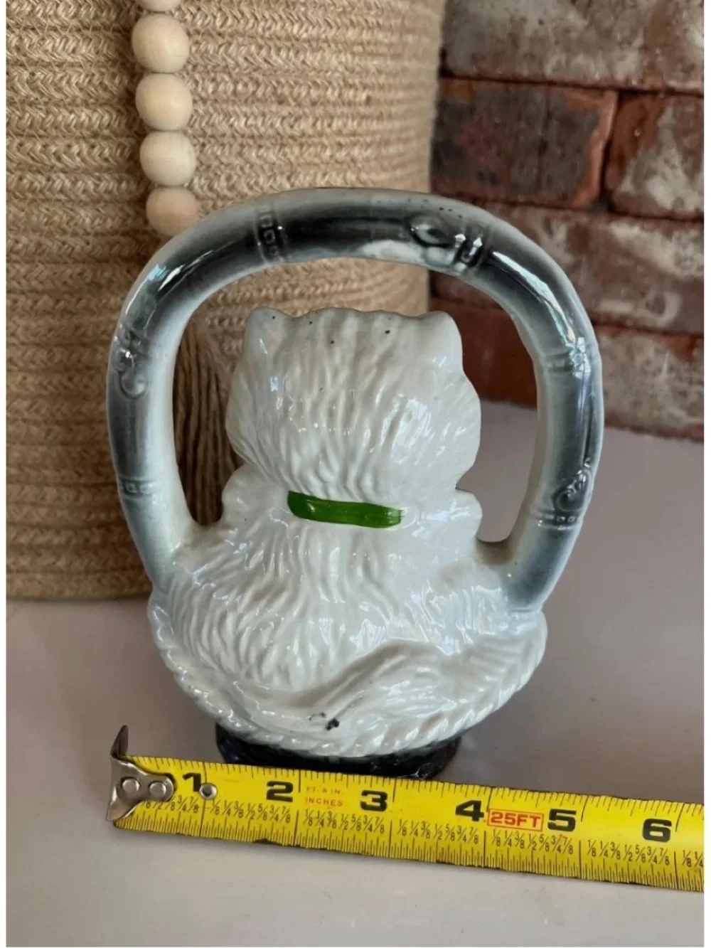Vintage 1950’s Japan White Ceramic Cat Figurine with Green Bow and Silver Handle